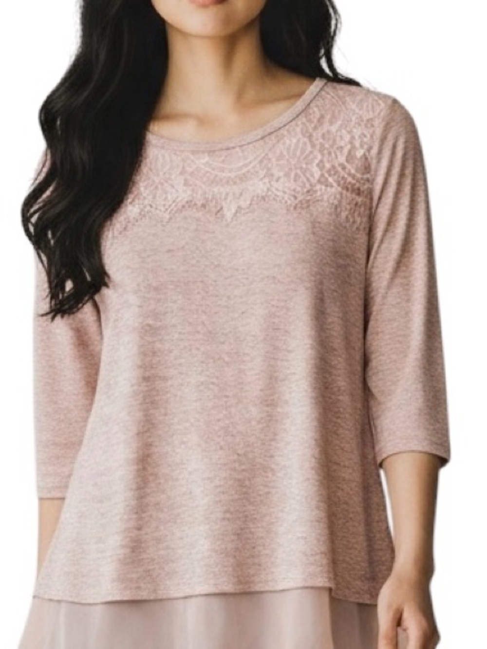 A d i v a Lace Yoke Long Sleeve Hi-Low Overlay Top (Blouse) in Blush Sz M